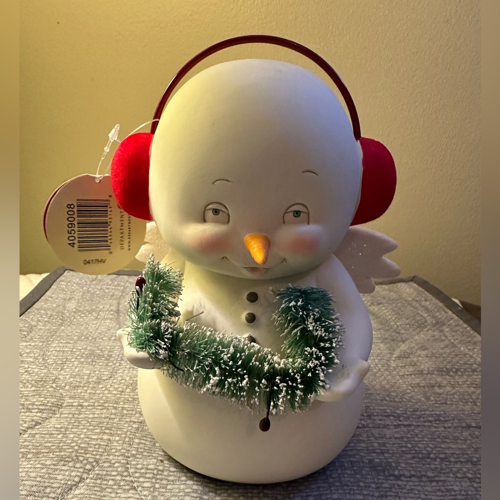 Dept 56 Snowpinions Snowman with green garland, wings, and earmuffs  NWT